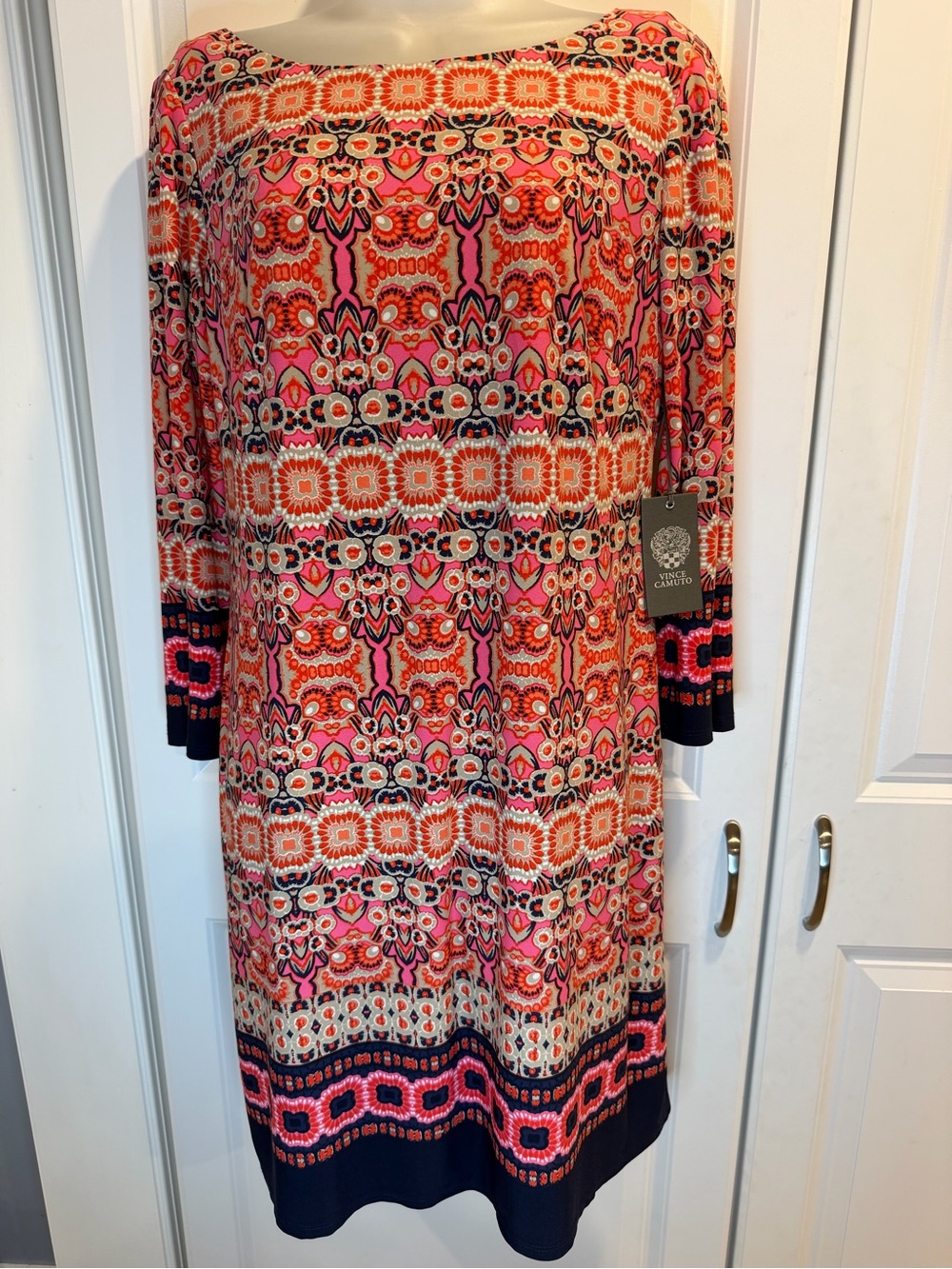 Vince Camuto NWT Geometric Print Long Sleeve Shift Dress Pink Navy Orange 12